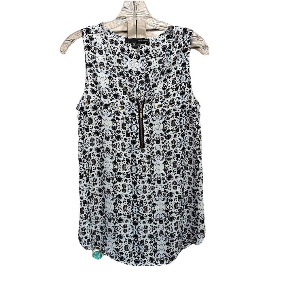 Harve' Bernard White/Blue Floral Sleeveless V-Neck Size Small Blouse Zip Pockets